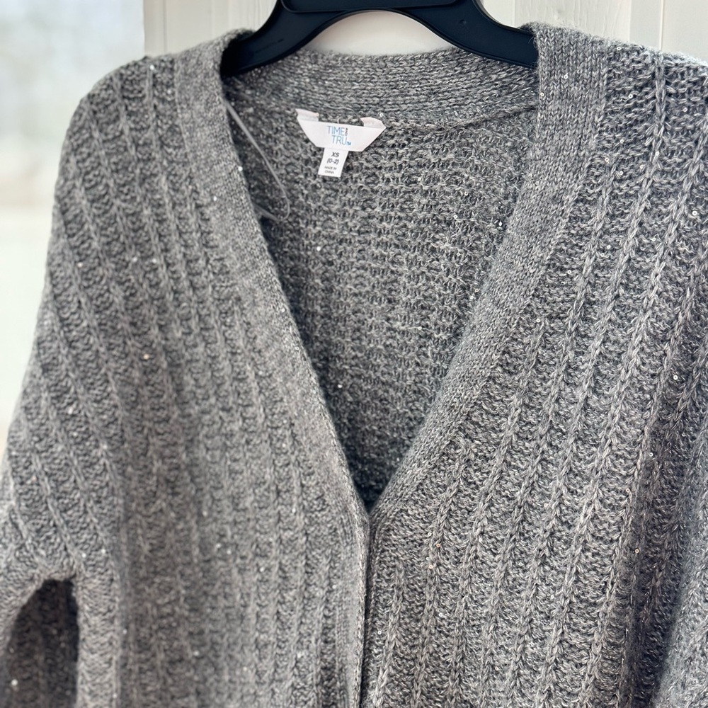 Time and Tru Women's XS Gray Heather Sequin Button Front Pocket Cardigan Sweater - Picture 4 of 13